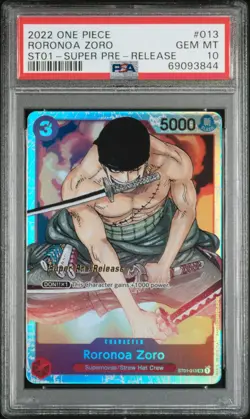 One Piece 2022 Super Pre-Release Roronoa Zoro ST01-013 PSA 10 GEM - Image 1