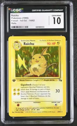 CGC 10 GEM MINT Raichu 1999 Fossil 1st Edition 14/62 Holo Pokemon Card - Image 1