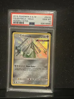 2019 POKEMON SUN & MOON HIDDEN FATES #SV32 CELESTEELA-HOLO PSA 10 - Image 1
