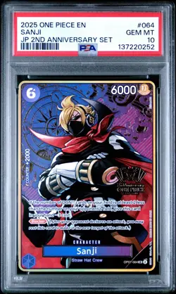 2025 ONE PIECE OP07-064 JAPANESE 2ND ANNIVERSARY SET SANJI ENG PSA 10 GEM MINT - Image 1