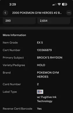 2000 POKEMON GYM HEROES HOLO #2 BROCK'S RHYDON PSA 5 EX - Image 3