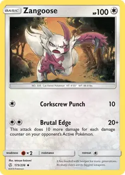 Pokemon TCG Zangoose Sun & Moon - Cosmic Eclipse 173/236 Regular Uncommon - Image 1