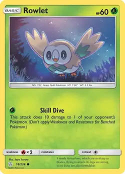 Pokemon TCG Rowlet Sun & Moon - Cosmic Eclipse 18/236 Regular Common - Image 1