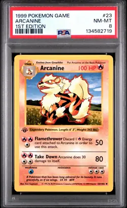 1999 Pokemon Game #23 Arcanine 1st Edition Shadowless PSA 8 NM-MT - Image 1