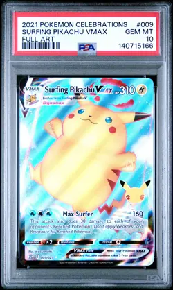 2021 POKEMON CELEBRATIONS #009 FULL ART/SURFING PIKACHU VMAX PSA 10 - Image 1