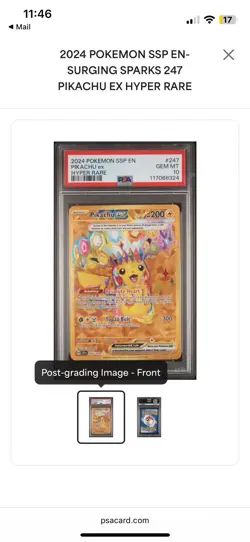 PIKACHU EX 2024 POKEMON S&V SURGING SPARKS HYPER RARE 247/191 PSA 10 Q1282 - Image 1