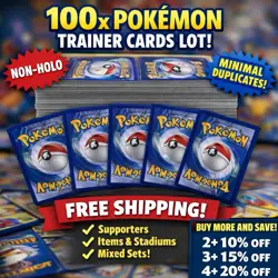 100 Pokemon Trainer Cards Lot Non-Holo Minimal Duplicates Free Ship - Image 1