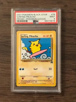 Pokemon League Black Star Surfing Pikachu Promo #28 PSA9 Cert # 68473818 - Image 1