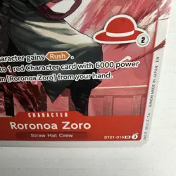 One piece card, Roronoa Zoro ST21-015 SR, red straw hat logo 2, Yosuke Adachi - Image 5