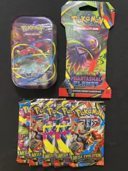 1-tin 1- Sealed Sleeved Pokemon TCG Phantasmal Flames 5- Mega Evolution Packs - Image 1