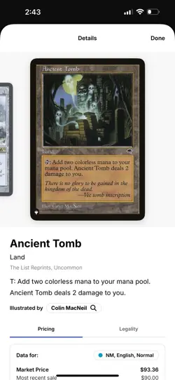 MTG Magic the Gathering Ancient Tomb Tempest Edition Land Card - Image 1