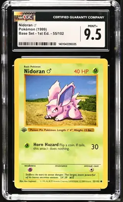 CGC 9.5 Nidoran 1999 Base Set Shadowless 1st Edition 55/102 Pokemon Card - Image 1