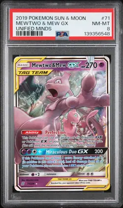 2019 POKEMON SUN & MOON UNIFIED MINDS #71 MEWTWO & MEW GX PSA 8 - Image 1