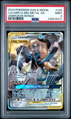 2019 POKEMON SUN & MOON UNBROKEN BONDS #120 LUCARIO & MELMETAL GX PSA 9 - Image 1