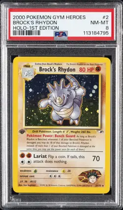 2000 POKEMON GYM HEROES HOLO-1ST EDITION #2 BROCK'S RHYDON PSA 8 - Image 1