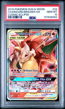 2019 POKEMON SUN & MOON COSMIC ECLIPSE #22 CHARIZARD & BRAIXEN GX PSA 10 - Image 1