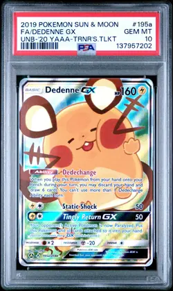 2019 POKEMON SUN & MOON UNBROKEN BONDS #195A FULL ART/DEDENNE GX PSA 10 - Image 1