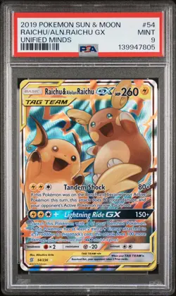 2019 POKEMON SUN & MOON UNIFIED MINDS #54 RAICHU & ALOLAN RAICHU GX PSA 9 - Image 1