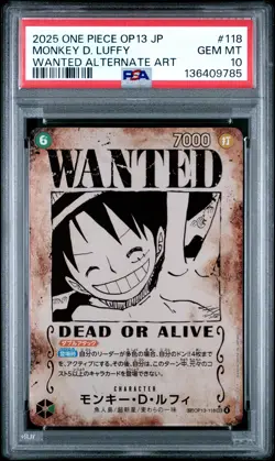 2025 ONE PIECE JPN CARRYING ON HIS WILL WANTED ALT ART MONKEY D. LUFFY PSA 10 - Image 1