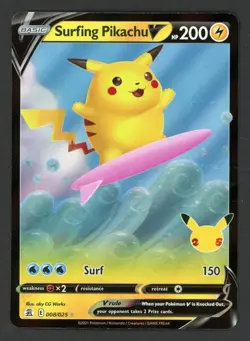 Surfing Pikachu V - 008/025 - Pokemon Celebrations Sword & Shield Rare Card NM - Image 1