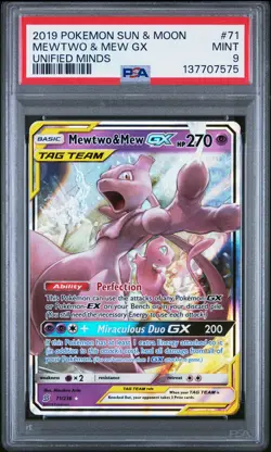 2019 POKEMON SUN & MOON UNIFIED MINDS #71 MEWTWO & MEW GX PSA 9 - Image 1