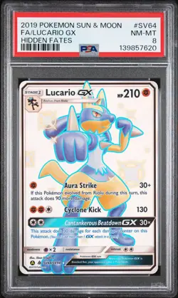2019 POKEMON SUN & MOON HIDDEN FATES #SV64 FULL ART/LUCARIO GX PSA 8 - Image 1