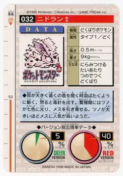 Nidoran (M) 032 1996 Pokemon Japanese Bandai Carddass Vending (Red Version) - Image 2