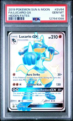 2019 POKEMON SUN & MOON HIDDEN FATES #SV64 FULL ART/LUCARIO GX PSA 10 - Image 1