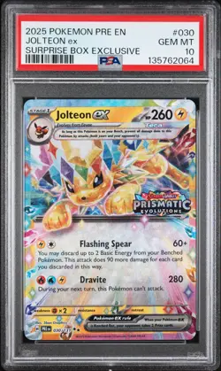 2025 POKEMON PRISMATIC EVOLUTIONS SURPRISE BOX EXCLUSIVE #030 JOLTEON EX PSA 10 - Image 1