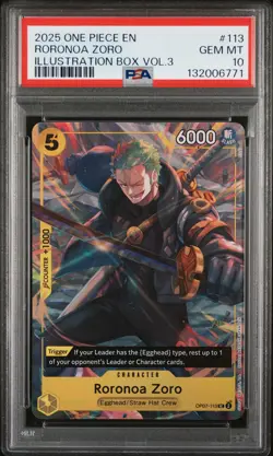2025 ONE PIECE PROMOS ILLUSTRATION BOX VOL.3 #113 RORONOA ZORO PSA 10 - Image 1