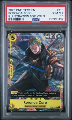 2025 ONE PIECE PROMOS ILLUSTRATION BOX VOL.3 #113 RORONOA ZORO PSA 10 - Image 1