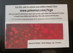 💥Pokemon Online code card Sword & Shield Vivid Voltage 1 pk Grookey TCGO💥 - Image 1