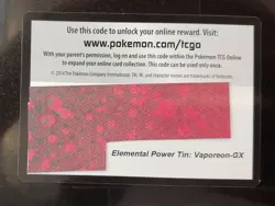 ⭐💥1X Pokemon Online code card Elemental Power Tin Vaporeon GX TCGO 💥⭐ - Image 1