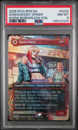 MTG Marvel's Spider-Man Gwen Stacy Ghost Spider 0202 Borderless Scene Foil PSA 8 - Image 1