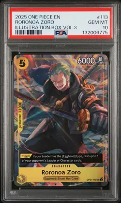 2025 ONE PIECE PROMOS ILLUSTRATION BOX VOL.3 #113 RORONOA ZORO PSA 10 - Image 1