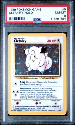 1999 POKEMON BASE SET UNLIMITED #5 CLEFAIRY-HOLO PSA 8 - Image 1