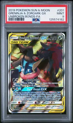 2019 Pokemon S&M Unbroken Bonds Greninja & Zoroark GX #201 Full Alt Art PSA 9 - Image 1