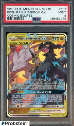 2019 Pokemon Sun & Moon Cosmic Eclipse #157 Reshiram & Zekrom Gx PSA 9 - Image 1