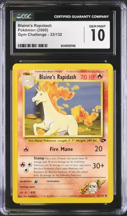 CGC 10 GEM MINT Blaine's Rapidash 33/132 Gym Challenge Vintage WOTC 2000 Pokemon - Image 1