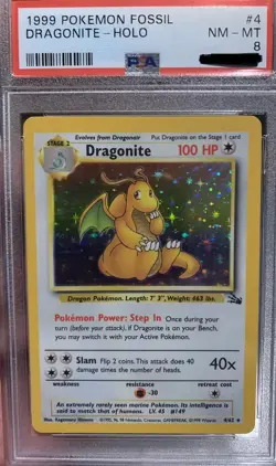 Pokemon Cards 1999 POKEMON FOSSIL DRAGONITE UNLIMITED 4/62 HOLO PSA 8 - Image 1