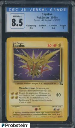 1999 Pokemon Fossil Unlimited #30 Zapdos Holo CGC 8.5 NM-MT+ - Image 1