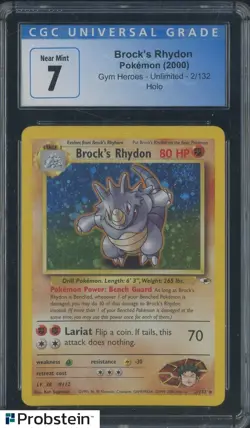 2000 Pokemon Gym Heroes Unlimited #2 Brock's Rhydon Holo CGC 7 NM - Image 1