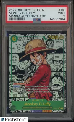 2025 One Piece OP13 EN #118 Monkey D. Luffy Manga Alt Art PSA 9 MINT - Image 1