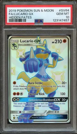 Lucario GX SV64/SV94 Hidden Fates Full Art Rare PSA 10 Gem Mint Pokemon Card - Image 1