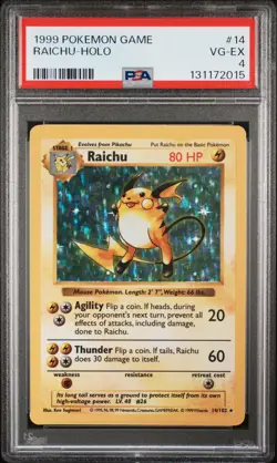 1999 POKEMON BASE SET UNLIMITED #14 RAICHU-HOLO PSA 4 - Image 1
