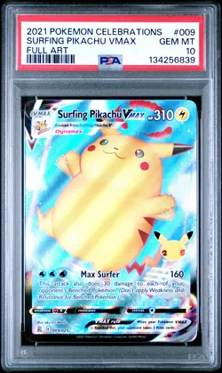 2021 POKEMON CELEBRATIONS #009 FULL ART/SURFING PIKACHU VMAX PSA 10 - Image 1