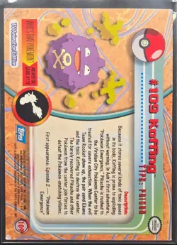 Pokemon Topps Koffing #109 TV Animation Series Blue Logo - Image 2