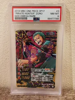 One Piece Miracle Battle Carddass - Pirate Hunter Zoro GOD Omega Rare PSA 8 - Image 1