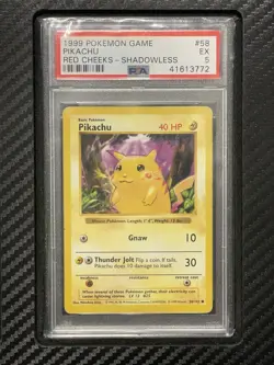 1999 PSA 5 Pikachu Red Cheeks #58 Shadowless WOTC Pokemon Game Base Set - Image 1