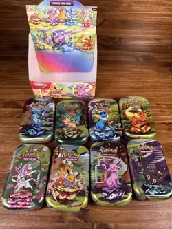 Prismatic Evolutions Empty Mini Tin Complete Set Of 8 Tin NO PACKS/ART CARD/COIN - Image 3